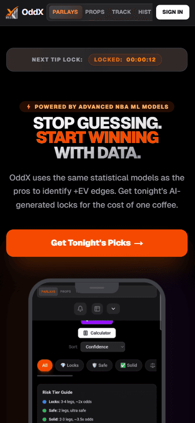 Oddx — Asistente de parlays NBA con props de jugadores mobile view